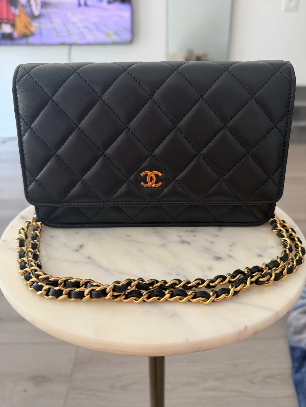 CHANEL Black Quilted Lambskin Crossbody with Gold Chain